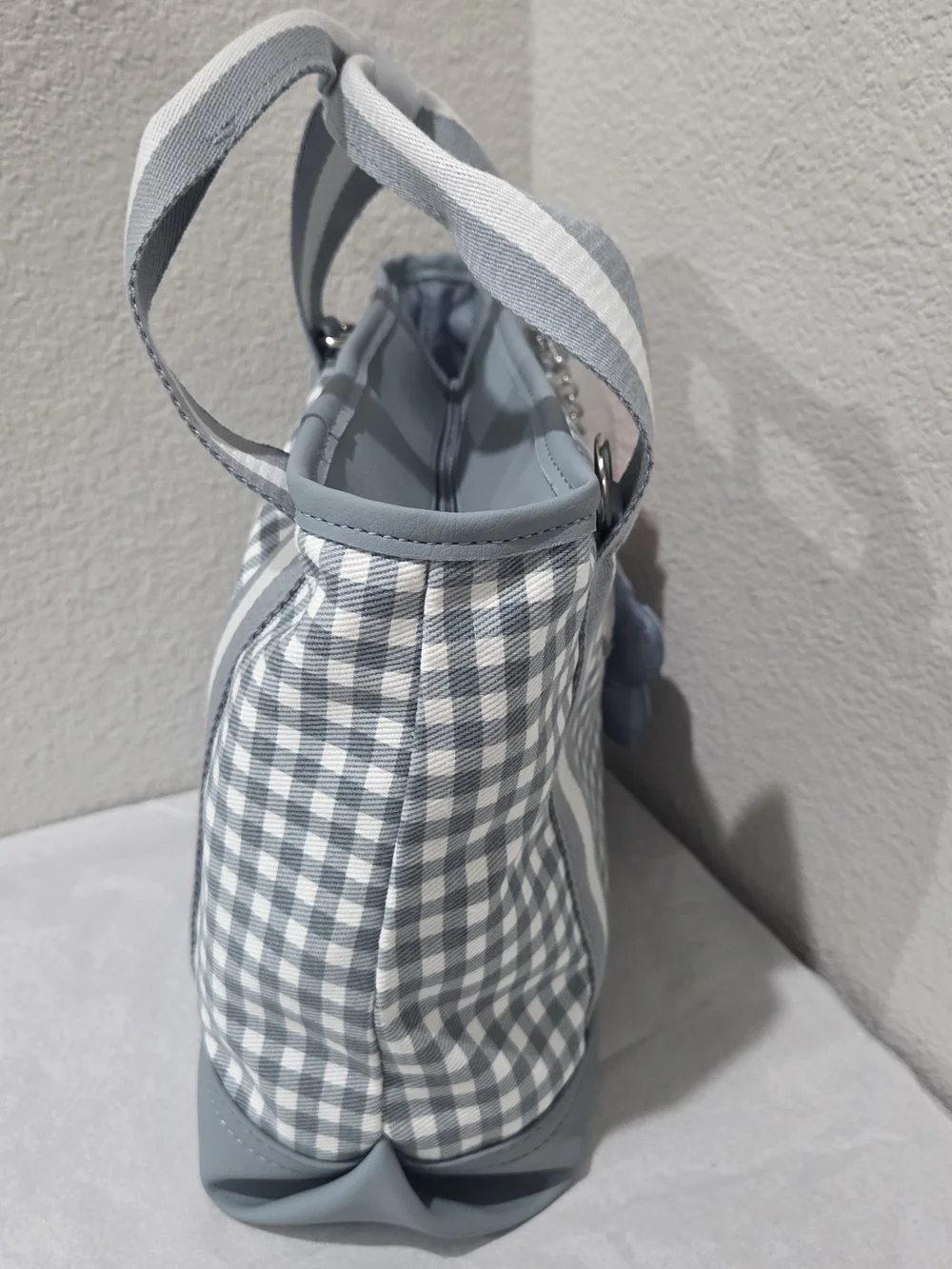 Betsey Johnson Light Blue Gingham Tote with Flower Charm